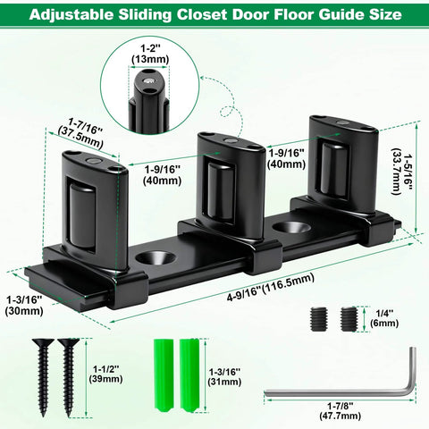 Three Roller Adjustable Sliding Closet Door Floor Guide Kit Black No-Squeak Glide For Bypass Double Bypass And Barn Doors Bottom-Mount Floor Guide With Independent Roller Adjustment For Different Door Thickness, black metal construction with three rollers and mounting hardware.