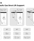 Hydraulic Gas Strut Lift Support specifications, showing dimensions for different angles, includes details for installation.