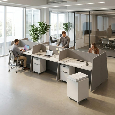 Slick Modular Office Cubicle Workstation For Teams Featuring Instant Plug And Play Power Hub Soft Privacy Panels And Locking Rolling Carts For A Top Notch Workspace Vibe - two workstations with laptops and privacy panels.
