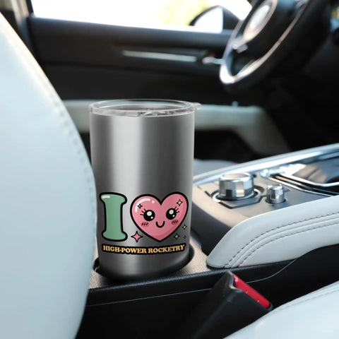 High Power Rocketry Stainless Steel Insulated Tumbler With Dual Wall Vacuum Keeps Drinks Hot Or Cold, Leak Proof Lid with Clear Slider in car cupholder.