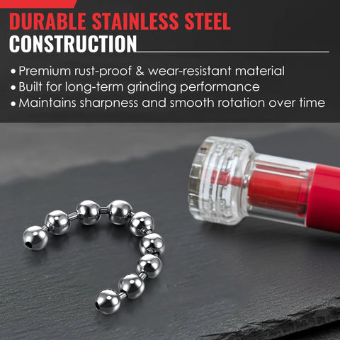 Replacement Chain And Ball Set For Wakit Grinder RollBotz, stainless steel ball and chain next to electric grinder, focus on durability.