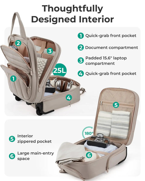 Brown underseat carry-on luggage with wheels showcasing internal compartments for organization, 16 inch, fits under airline seats.