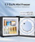 Hella Compact Yet Hella Spacious 1.1 Cu Ft Small Upright Freezer Mini Freezer In Matte Black with adjustable shelves and cooling dial.