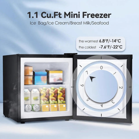 Hella Compact Yet Hella Spacious 1.1 Cu Ft Small Upright Freezer Mini Freezer In Matte Black with adjustable shelves and cooling dial.