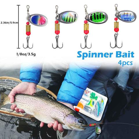 Person holding a fish with an All In One 71 Piece Fishing Lure Kit For Saltwater And Freshwater Bass Angling Includes Crankbaits Spinner Baits Frog Lure Soft Plastics Jigs Spoon Lures And More Ultimate Tackle Set For Pros And Beginners shown next to spinner baits and tackle box.