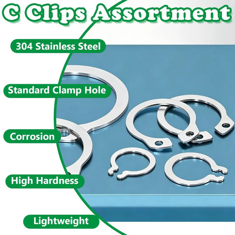505 Piece C Clips Kit With 19 Sizes External Retaining Rings In 304 Stainless Steel Snap Ring Set, corrosion resistant