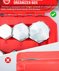 Close-up of JIC and ORFS hydraulic cap and plug kit in a red organizer box showing durable hinges and multiple sizes 10-16.