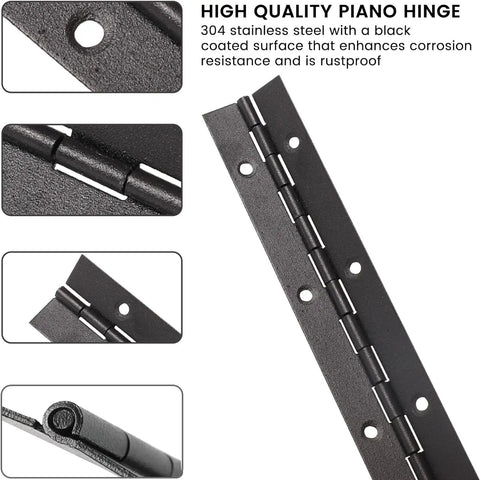 Built Tough 16 Inch Stainless Steel Piano Hinges 2 Pack Heavy Duty Continuous Barrel Hinges For Cabinet Doors And Secure Gates Includes Mounting Screws Slick Swing Guarantee close-up of black coated stainless steel hinge.