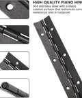 Built Like A Tank 304 Black Stainless Steel Continuous Piano Hinges Eight Inch showing hinge details and mounting holes.
