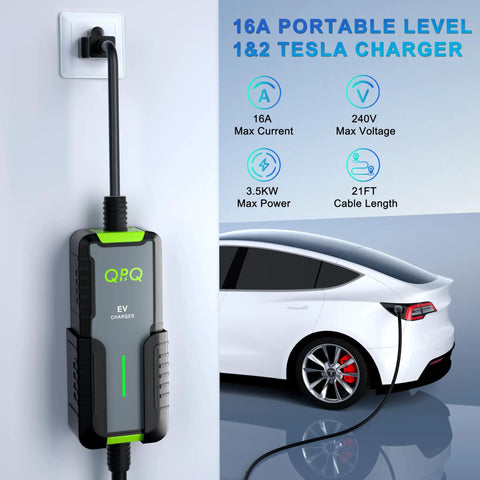 Portable Tesla EV Charger Level 1 And Level 2 16A With 21FT Cable 240V NEMA 6 20 Plug And 120V NEMA 5 15 Adapter NACS Connector