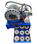 Shop Ready 12v Portable Electric Hydraulic Hose Crimping Machine With Ten Heavy Die Sets Quarter To Two Inch Range Three Hundred Ton Press For Grease Monkey Brake Line Swaps, showing machine and alloy dies.