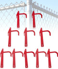 Set of 10 heavy-duty red Chain Link Fence Banana Clip Set For Tensioning And Stretching on chain link fence backdrop.