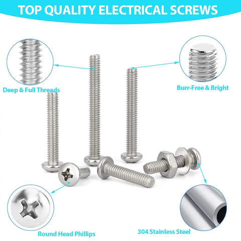 12 24 Phillips Pan Head Machine Screws Hex Nuts Flat Washers Assortment Kit 304 Stainless Steel showing deep threads and round head design.