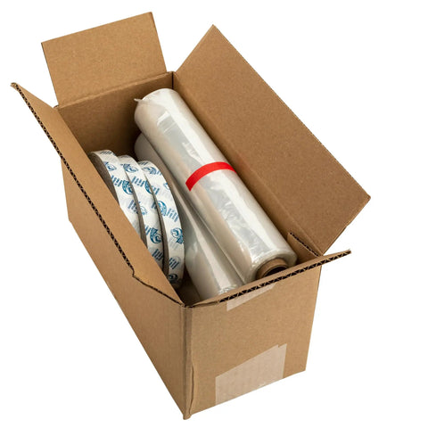 Open box with roll shrink film and tape for Winter Window Insulation Kit With Roll Shrink Film That Covers Up To 15 Windows Measuring 3 By 5 Feet Tape Included No Brainer Easy Install Clear Draft Blocker For Energy Savings No Measuring Needed 15 Pack