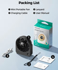 Tiny USB Desk Fan You Can Take Anywhere With Quiet 4 Speed Rechargeable Battery Powered Personal Fan For Home Office Travel And Gifts In Black Built For All Day Use With Quiet Operation And Compact Power shown with packaging, charging cable, lanyard, and user manual.