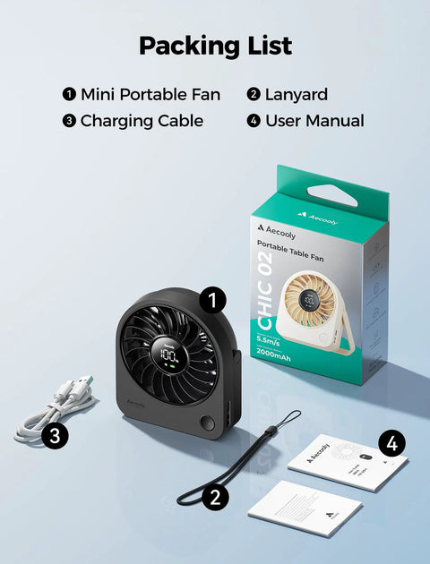 Tiny USB Desk Fan You Can Take Anywhere With Quiet 4 Speed Rechargeable Battery Powered Personal Fan For Home Office Travel And Gifts In Black Built For All Day Use With Quiet Operation And Compact Power shown with packaging, charging cable, lanyard, and user manual.