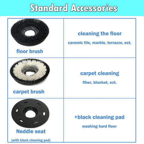 Image showing floor brush, carpet brush, and needle seat with cleaning pad, accessories for 18 Inch Floor Scrubber Buffer Industrial Polisher.