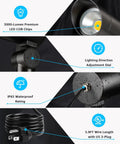 Diagram of Dusk To Dawn 30W Outdoor LED Spotlight With Photocell Sensor showing features like 3000-lumens, waterproof, and adjustable dial.