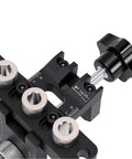 Heavy Duty 3 In 1 Self Centering Dowel Jig Kit For Shop Ready Woodworking Aluminum Drill Guide close-up view with etched lines and adjustment knobs.