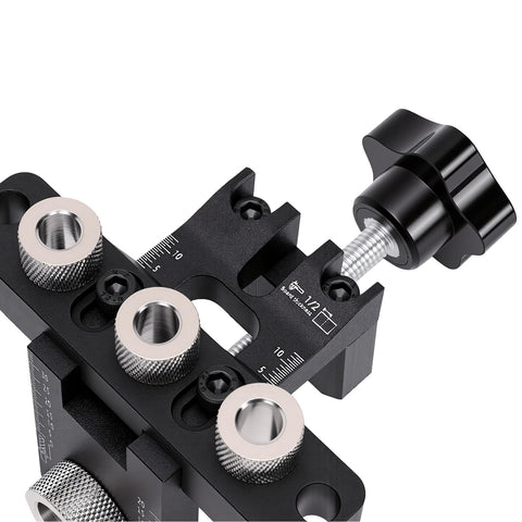 Heavy Duty 3 In 1 Self Centering Dowel Jig Kit For Shop Ready Woodworking Aluminum Drill Guide close-up view with etched lines and adjustment knobs.