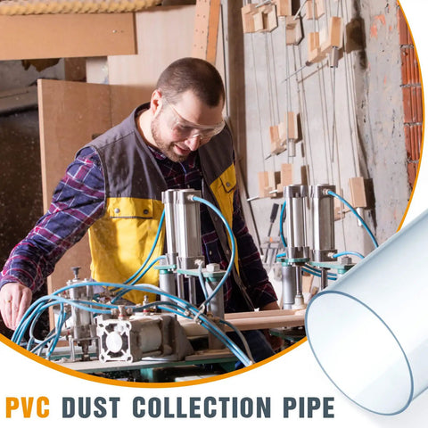 Man in workshop with Six Piece Clear PVC Dust Collection Tubes 4 Inch Diameter 36 Inch Long With Strap Clamps And Stainless U Brackets