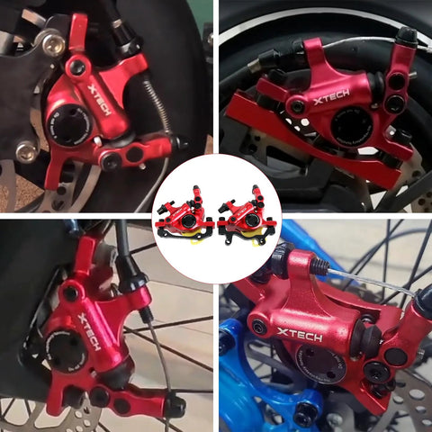 Red XTECH HB-100 hydraulic disc brake caliper set for MTB bikes; front and rear, aluminum alloy.