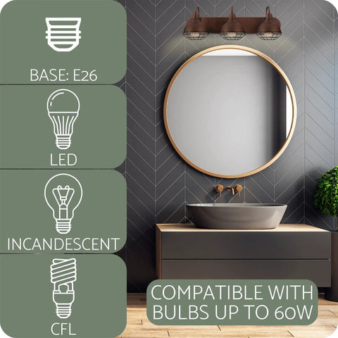 Three Light Modern Industrial Farmhouse Vanity Light in Brushed Bronze Finish with bulb compatibility details