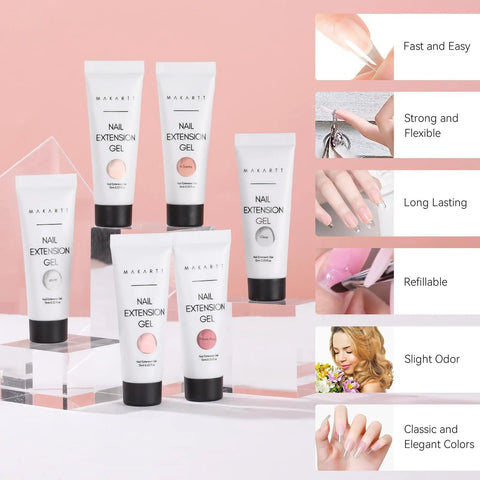 Six Neutral Colors Hema Free Poly Nail Gel Kit For Extension Nails Long Lasting Builder Gel Set 15ml tubes on display