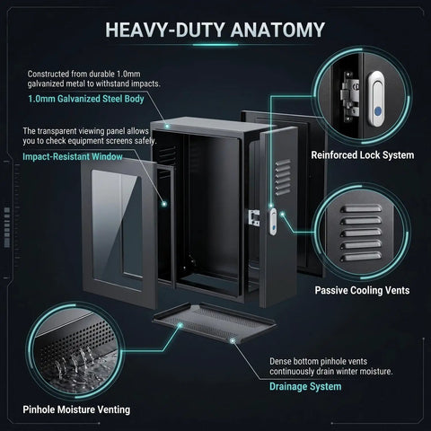 Rock Solid Commercial Grade Wall Mount EV Charger Enclosure Featuring Clear Front Window For Quick Meter Reads And Hella Tough Mechanical Lock Against Vandalism with impact-resistant window and lock system.