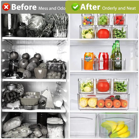 10 Pack Refrigerator Pantry Organizer Bins With Lids To Keep Your Snacks Chill And Food Stash Tidy showcased in fridge before and after