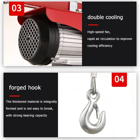 Heavy Duty Electric Lifting Hoist With Wireless Remote Control Supports Up To 400 Kilos And Dual Mode Speed Or Power for double cooling and forged hook features.