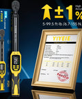 Pro Grade Digital Torque Wrench Three Eighths Inch Drive With Five To Ninety Nine Point Five Foot Pounds Range Plus One Percent Accuracy Smart Alert Multi Electric Torque Tool For Bike Motorcycle And Car Includes Extension Bars For Tight Spaces with calibration certificate.