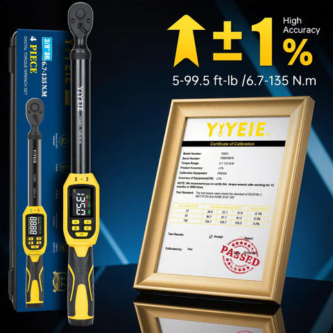 Pro Grade Digital Torque Wrench Three Eighths Inch Drive With Five To Ninety Nine Point Five Foot Pounds Range Plus One Percent Accuracy Smart Alert Multi Electric Torque Tool For Bike Motorcycle And Car Includes Extension Bars For Tight Spaces with calibration certificate.