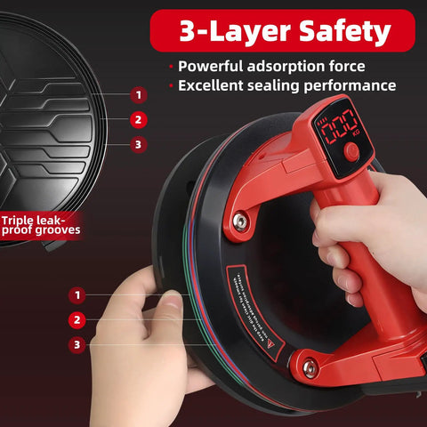 Hands holding Electric Vacuum Suction Cup Lifter With Auto Start Pump And LED Display Dual 3000mAh Batteries 440 Lb Max Load