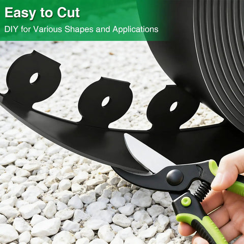 1.5 Inch Landscape Edging Kit With 100 Feet Total No Dig Lawn Border being easily cut with scissors on gravel