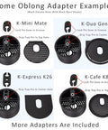 Diagram of Anti Splash Cup Riser for Keurig and Cuisinart single serve coffee makers showing various oblong adapter examples with labels.