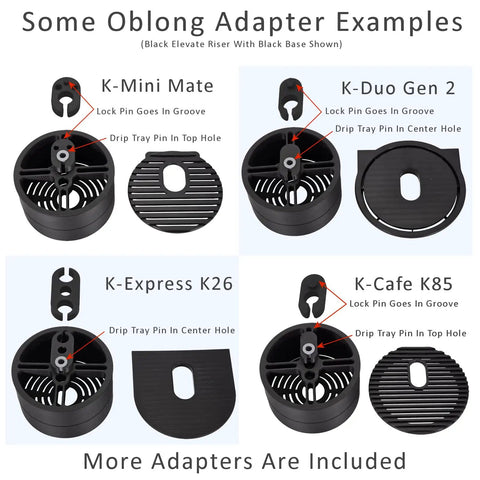 Diagram of Anti Splash Cup Riser for Keurig and Cuisinart single serve coffee makers showing various oblong adapter examples with labels.