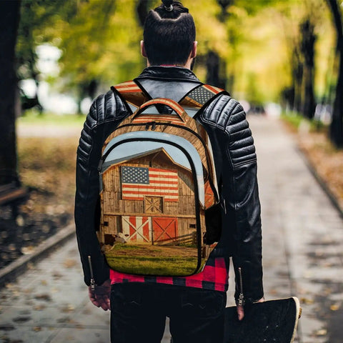Person wearing Pasture Farm Print Backpack for Everyone, Unisex Large Capacity Daypack, Durable Polyester Travel School Bag