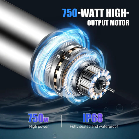 Beefed-Up 15000 GPH Pond Fountain Aerator 750W motor close-up, 110V 750W waterfall pump dual spray patterns energy-efficient