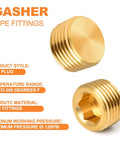 Brass Pipe Plug Set 25 Pieces Pro Grade Internal Hex Thread NPT Fittings shown with hex plug style and temperature range details