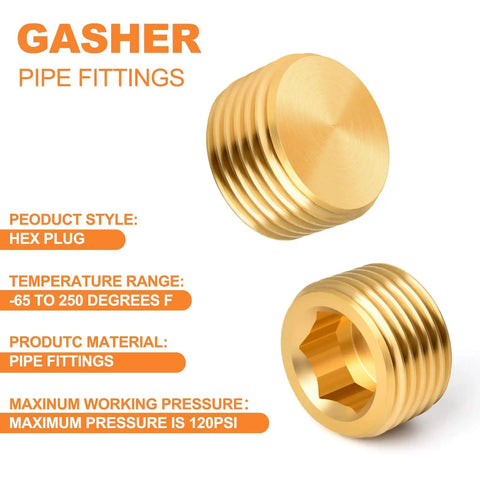 Brass Pipe Plug Set 25 Pieces Pro Grade Internal Hex Thread NPT Fittings shown with hex plug style and temperature range details