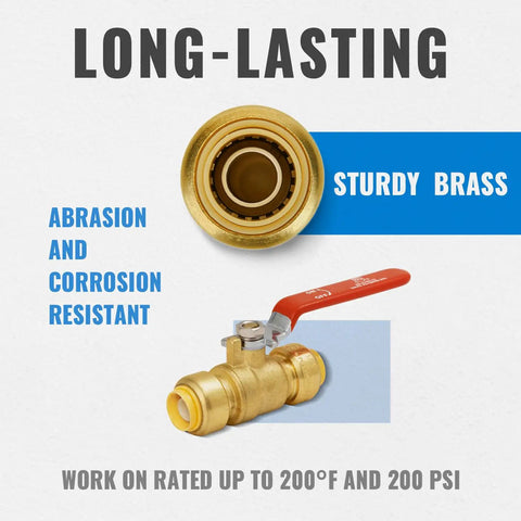 Half Inch Ball Valve Shut Off For Water Supply With Push To Connect Fittings For Pex Copper And CPVC No Lead Brass Includes One Disconnect Clip Pack Of Two showcasing brass material with resistance details.