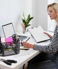 Woman using All In One Black Desk Organizer Set For Home Office And School Includes Three Desk Organizers Four Pens Stapler
