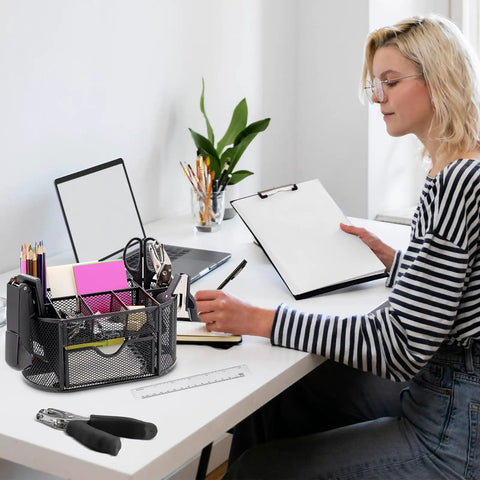 Woman using All In One Black Desk Organizer Set For Home Office And School Includes Three Desk Organizers Four Pens Stapler
