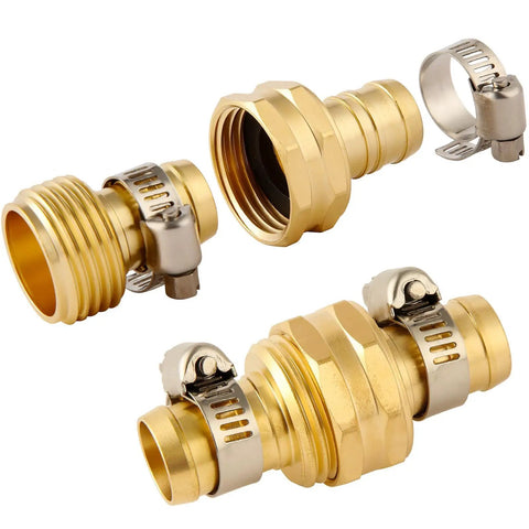 3 Set Brass Garden Hose Repair Kit With Clamps For 5/8 Inch Hose Fittings, 5/8 Barb To 3/4 GHT Adapters, Hose Connector Fittings