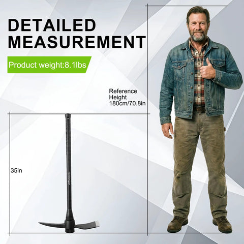Detailed measurement of Forged Adze Pick And Mattock With 36 Inch Fiberglass Handle, 5 pound head next to 70.8in man wearing plaid shirt.