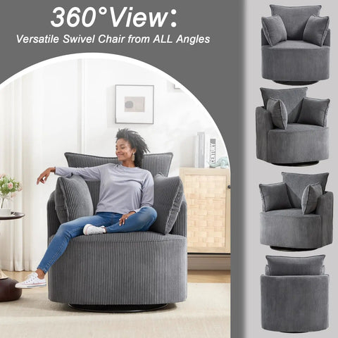 360 Degree Swivel Accent Chair In Corduroy Gray, Upholstered Barrel Reading Chair With Reclining Armchair For Living Room, Bedroom, Office Or Apartment, Modern Cozy And Versatile