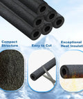 Insulating Foam Pipe Covers For Outdoor And Indoor Water Lines, Heavy Duty Foam Tube Insulation For Freeze Protection, Fits Three Quarter Inch Pipes, 12 Pack, Easy Slip On Outdoor Water Pipe Sleeve shown with cutting scissors and texture details.