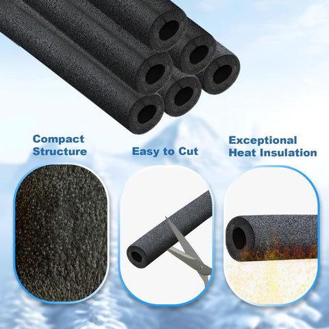 Insulating Foam Pipe Covers For Outdoor And Indoor Water Lines, Heavy Duty Foam Tube Insulation For Freeze Protection, Fits Three Quarter Inch Pipes, 12 Pack, Easy Slip On Outdoor Water Pipe Sleeve shown with cutting scissors and texture details.