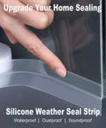 Close-up of clear silicone weather seal strip being installed under a door bottom; 35mm width, 49 ft total (3 rolls).